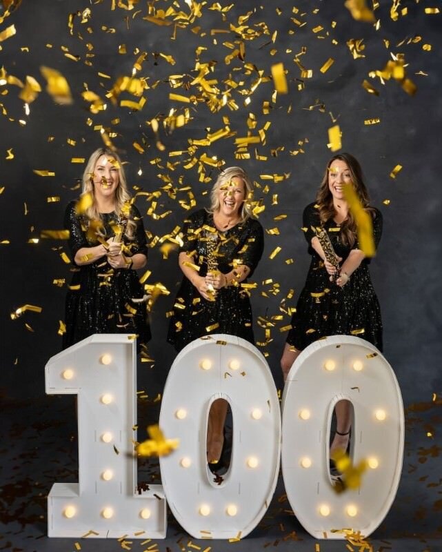 Three-women-celebrating-with-confetti-and-illuminated-100-sign