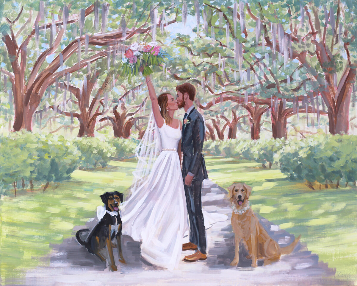 Ben Keys, a Charleston Live Wedding Painter, captured a couples wedding day at the bride's home in Charleston, SC.  The couple includes their dogs as they shared a kiss under a canopy of Live Oaks