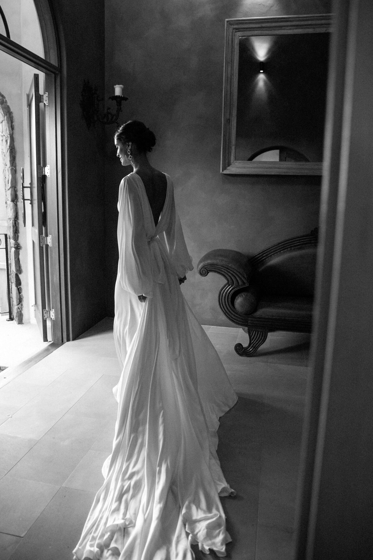 Low v back silk modern flowing wedding dress