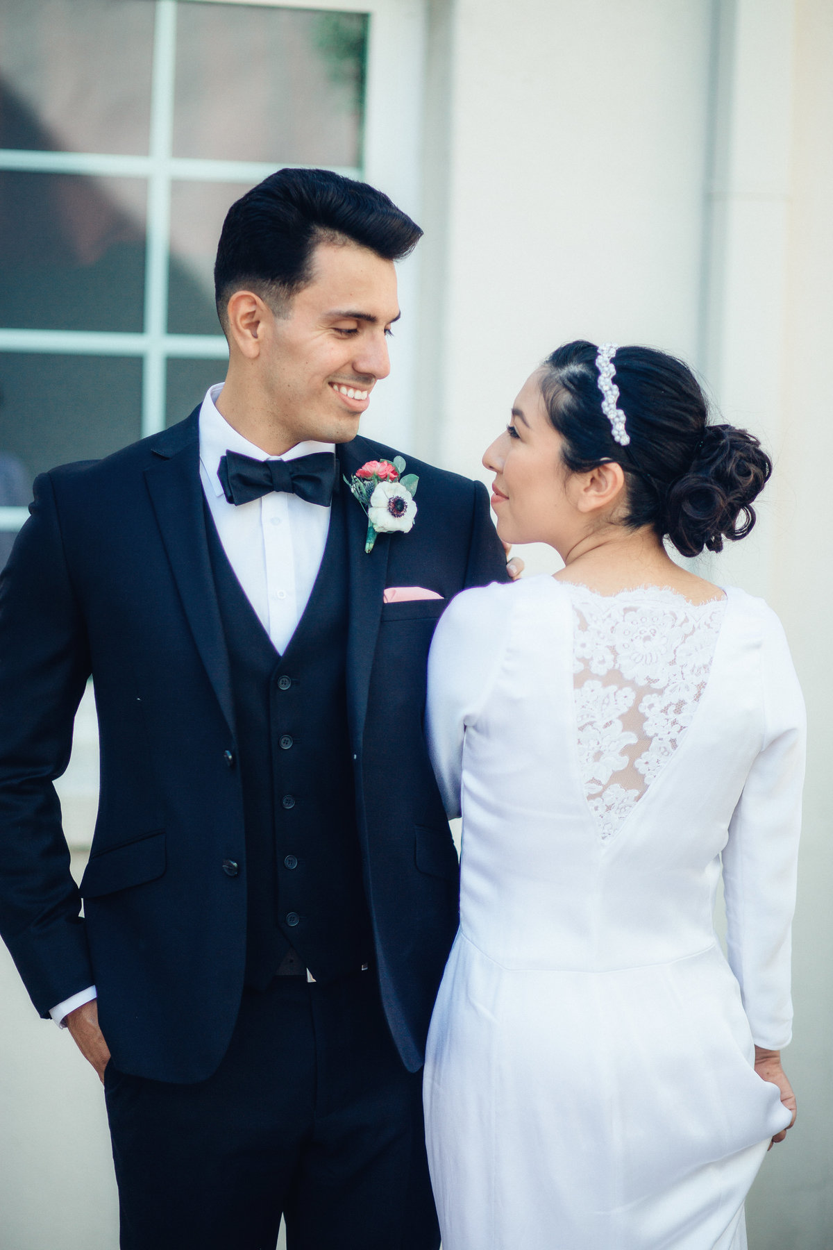 Wedding Photograph Of Bride And Groom Smiling At Each Other Los Angeles
