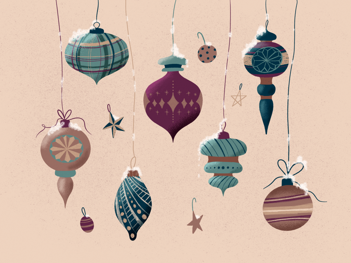 Digitally illustrated whimsical Holiday ornaments