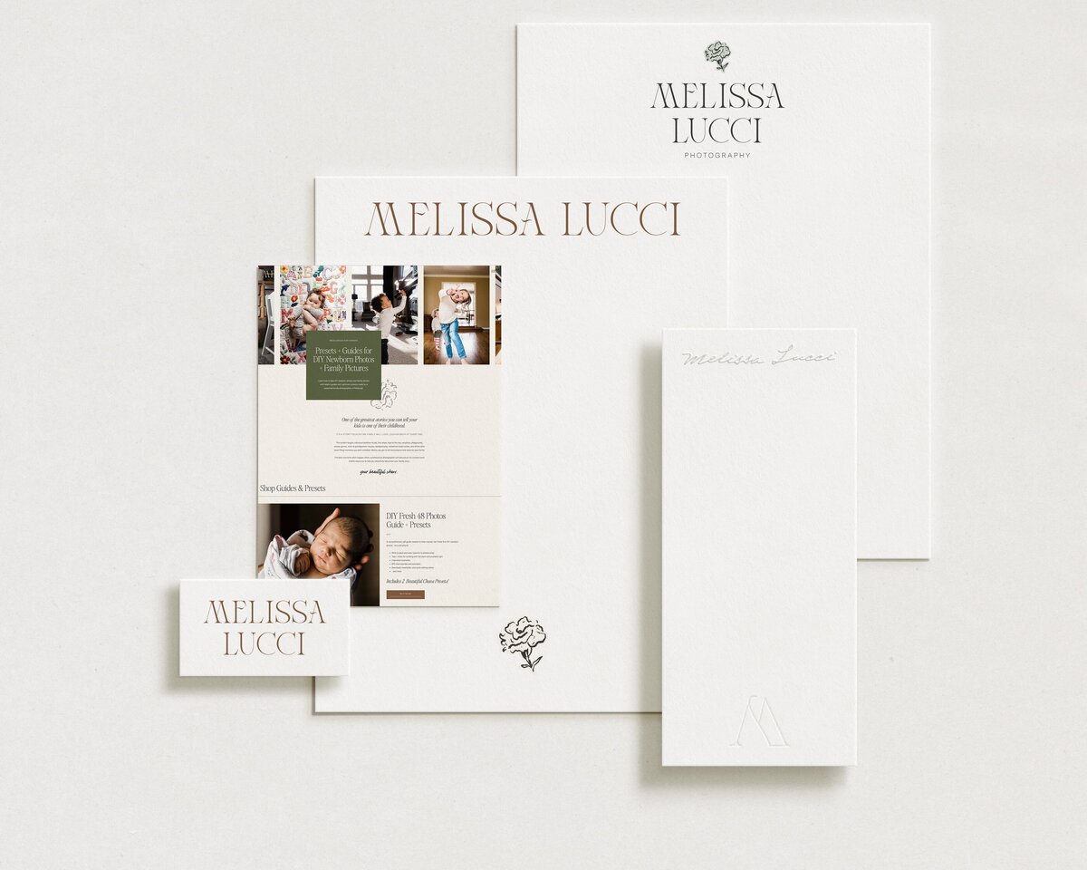 Elegant stationery set featuring letterheads, a business card, an envelope, and a brochure with the name "Melissa Lucci" prominently displayed, crafted by our expert branding and website design for photographers.