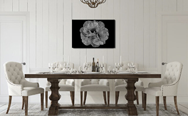 Fine Art Photographic Print Black and White Closeup of Flower with inter folding leaves title Effervescence hanging on wall above dining room table example display