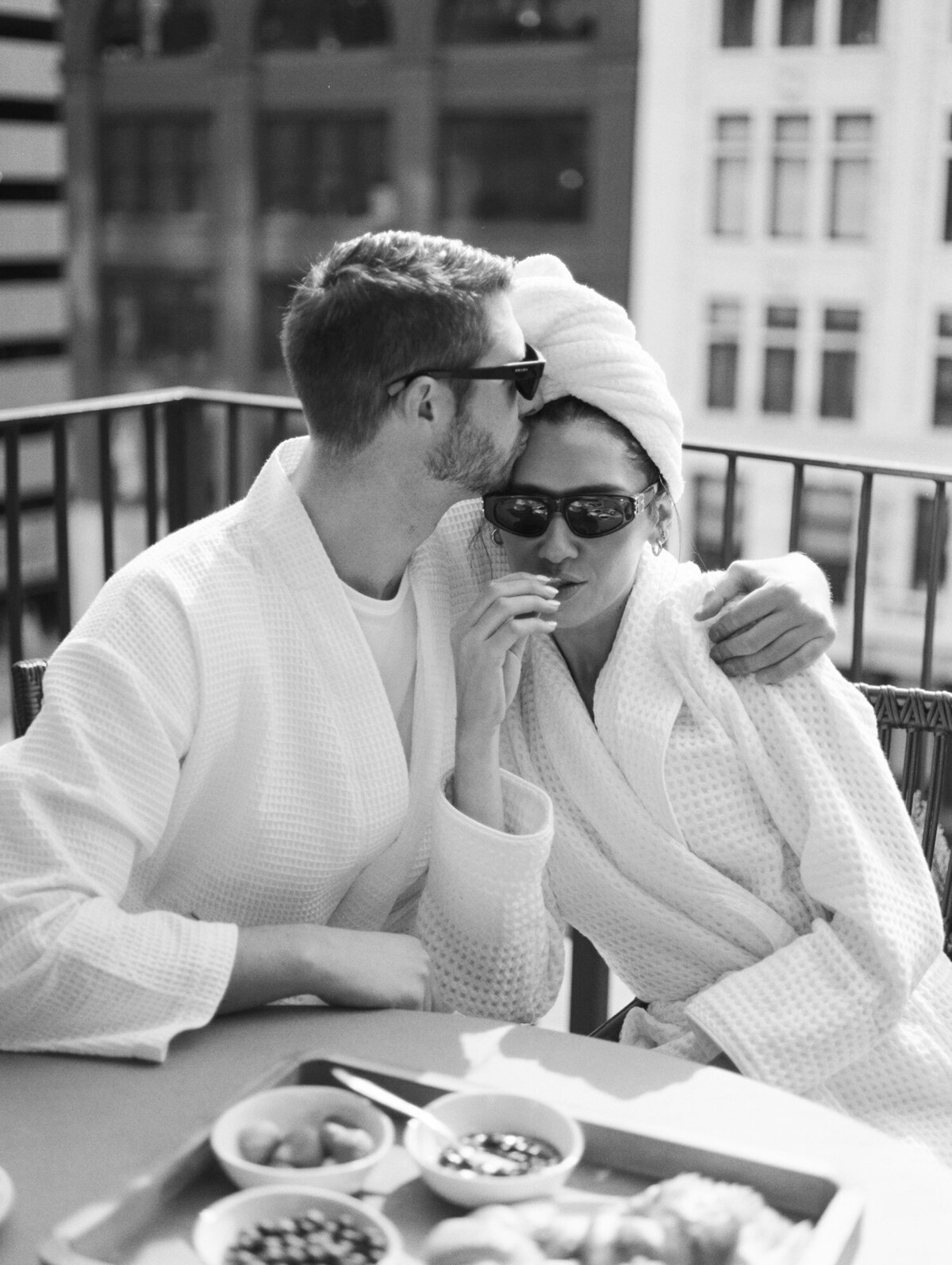 Brunch wedding inspiration at Shinola Hotel Detroit, couple in bathrobes, balcony