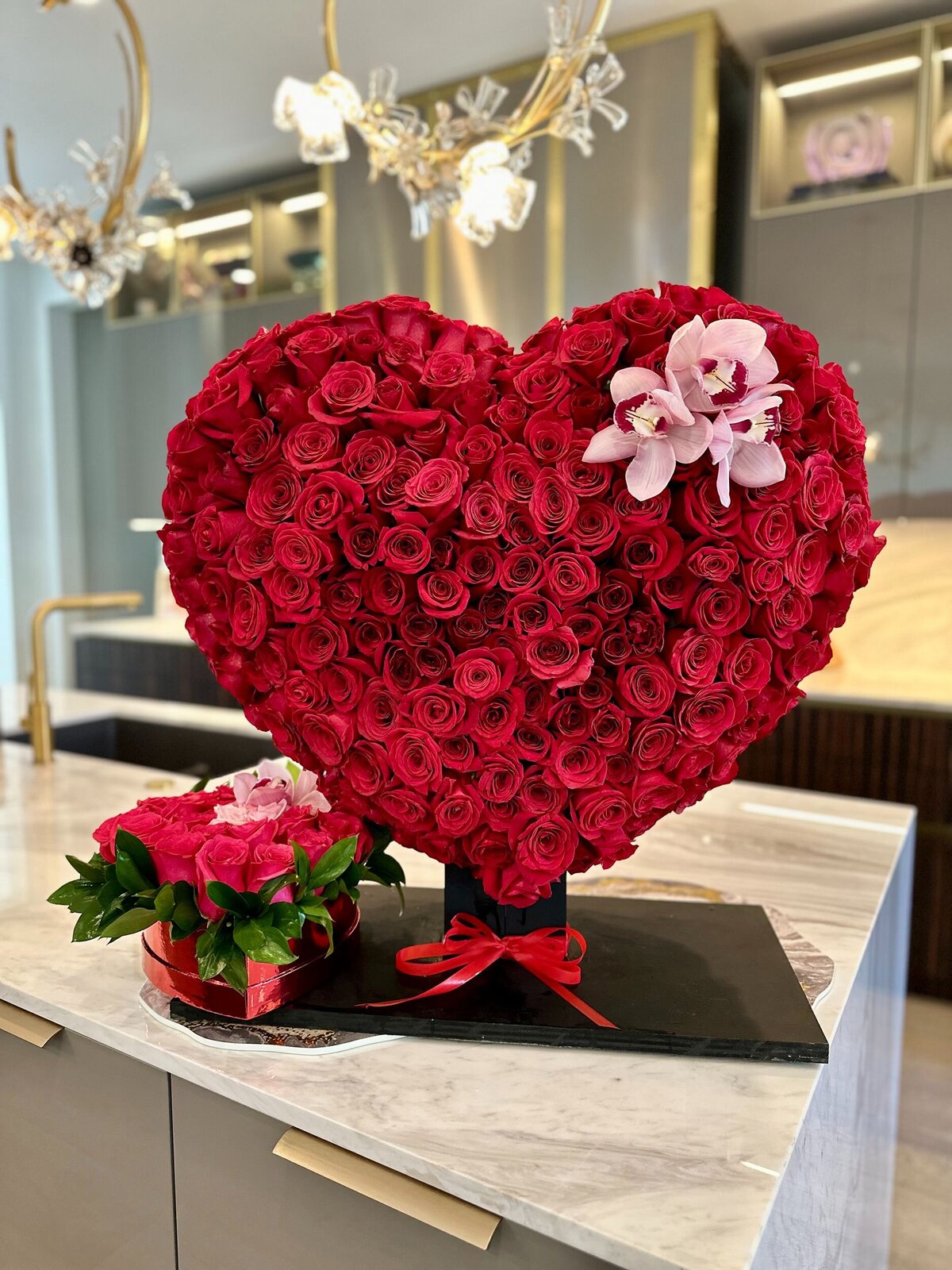 Large red heart floral arrangement