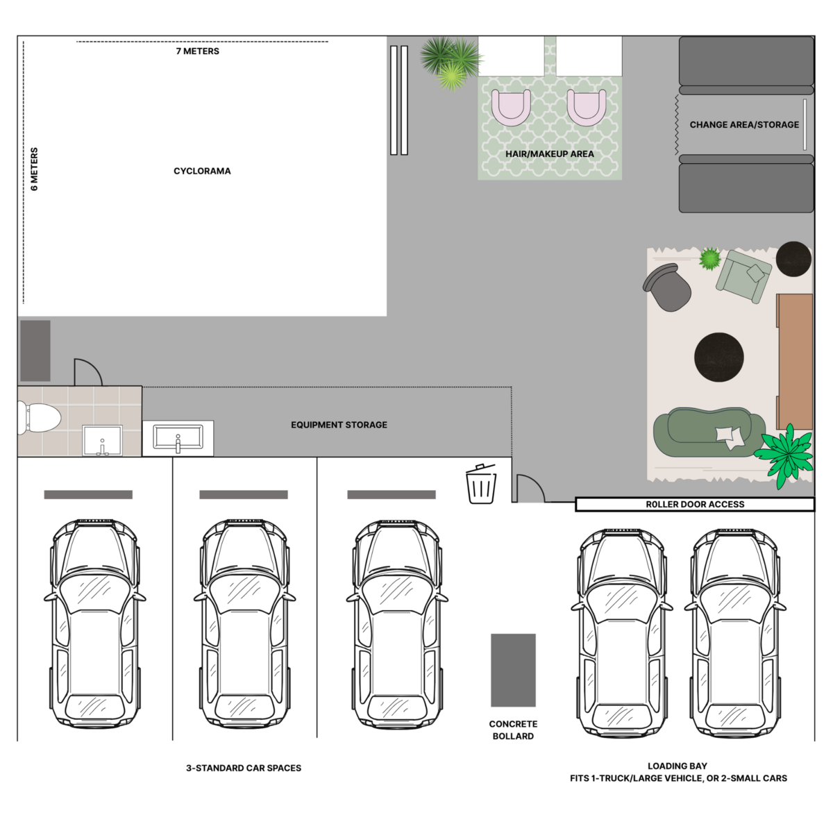 Floor plan of Studio by Pepper June showing a 7m x 6m x 4.5m cyclorama, client lounge and hair and makeup station in Castle Hill, Sydney's Hills District.