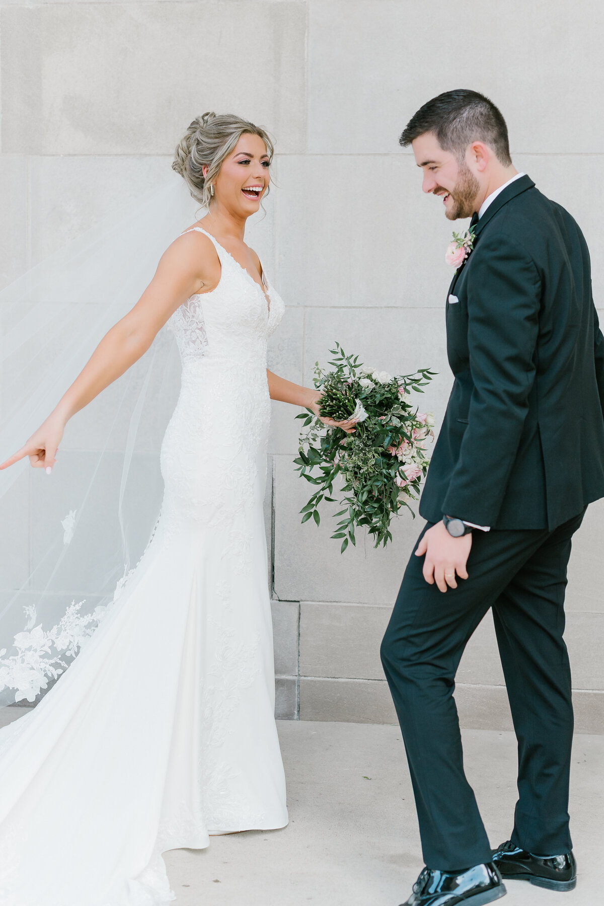 Bride and groom during first look