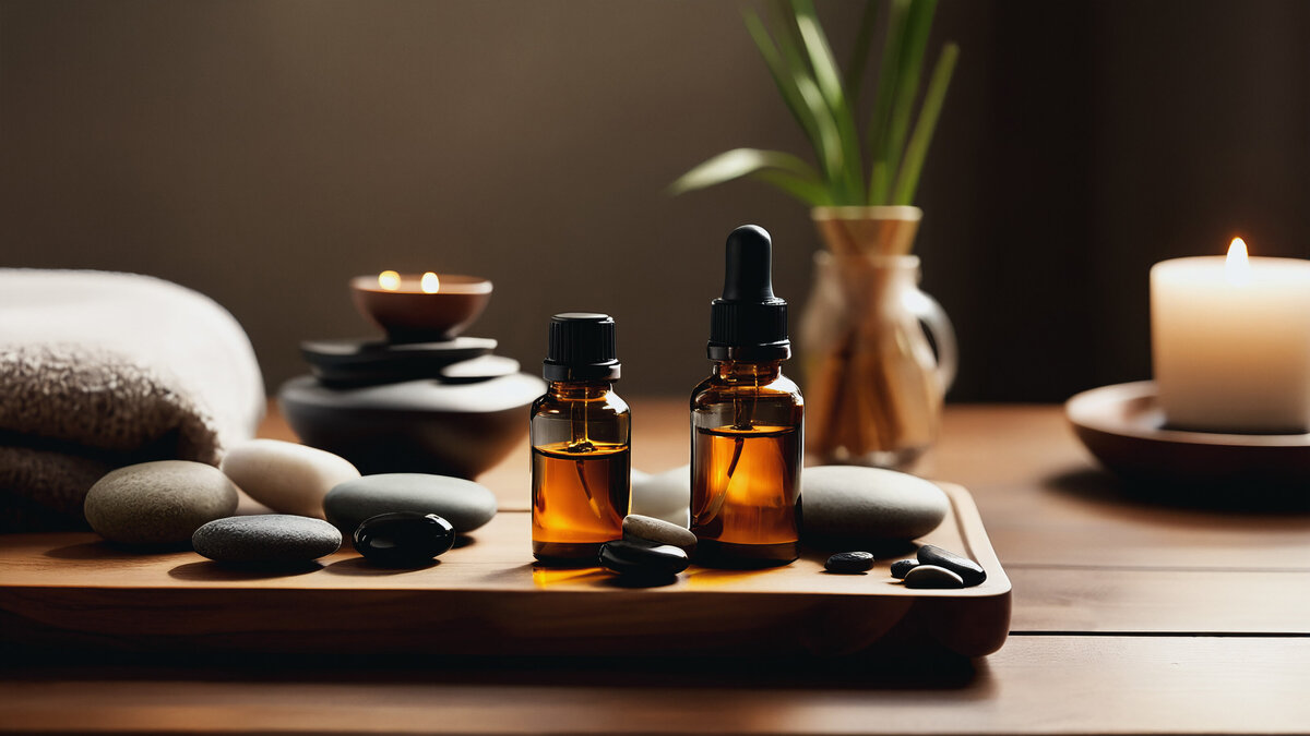 Amber essential oil bottles and smooth hot stones arranged on a wooden tray with candlelight ambiance.