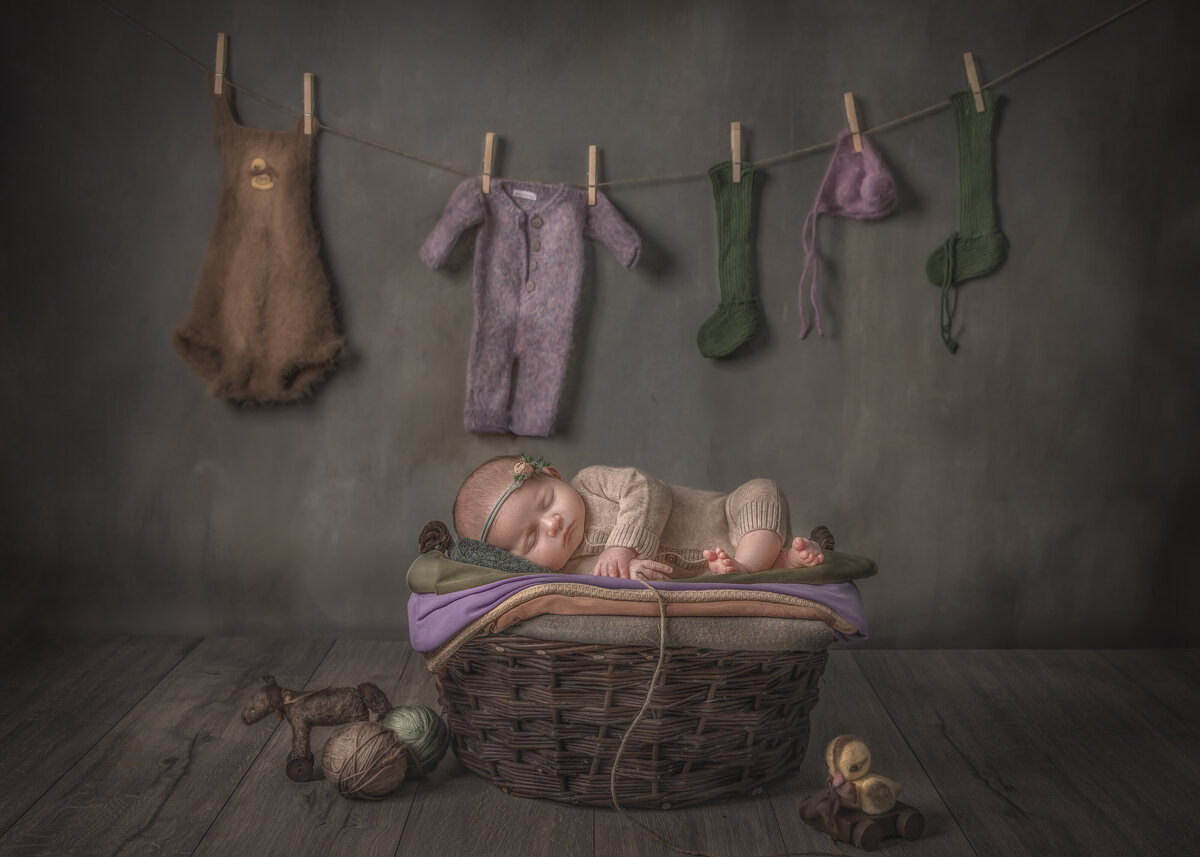 newborn girl sleeping in a laundry basket taken in indoor photography studio