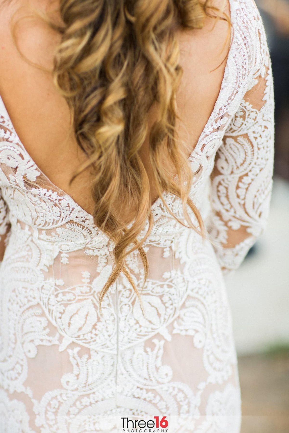 Back of Brides dress with long hair
