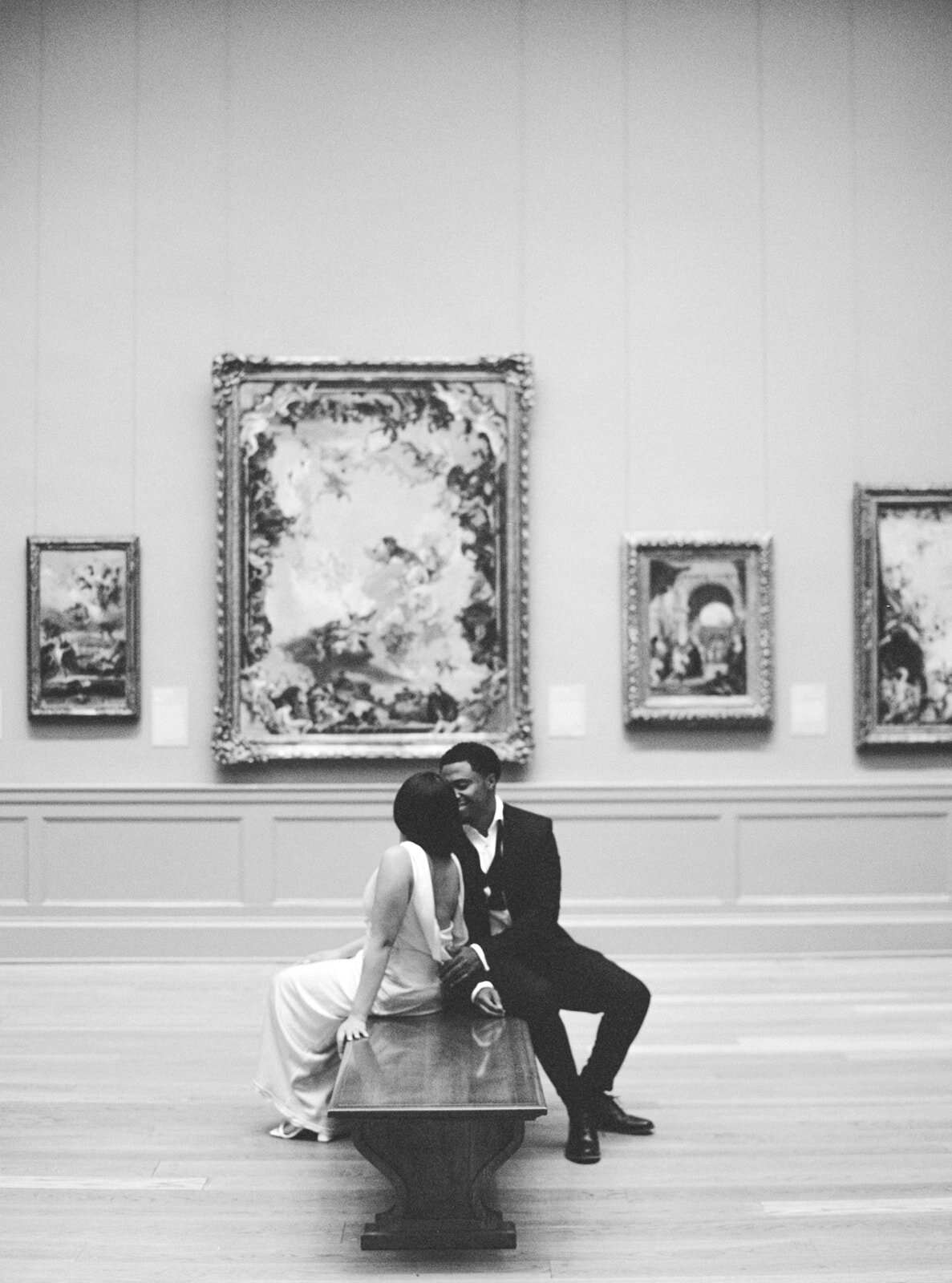 black and white engagement session, museum in ny