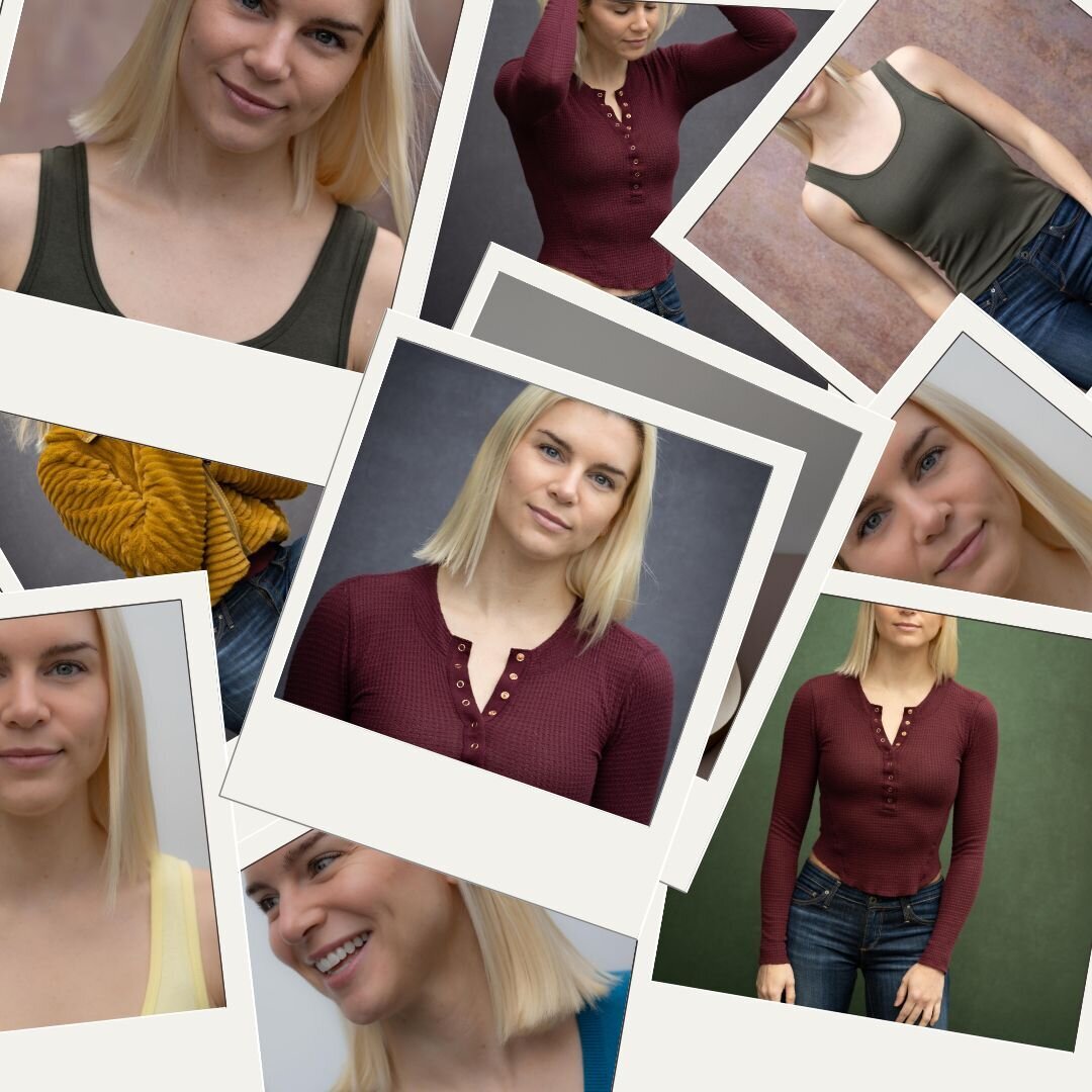 Collage of a young woman with blonde hair posing in various outfits for a modeling portfolio
