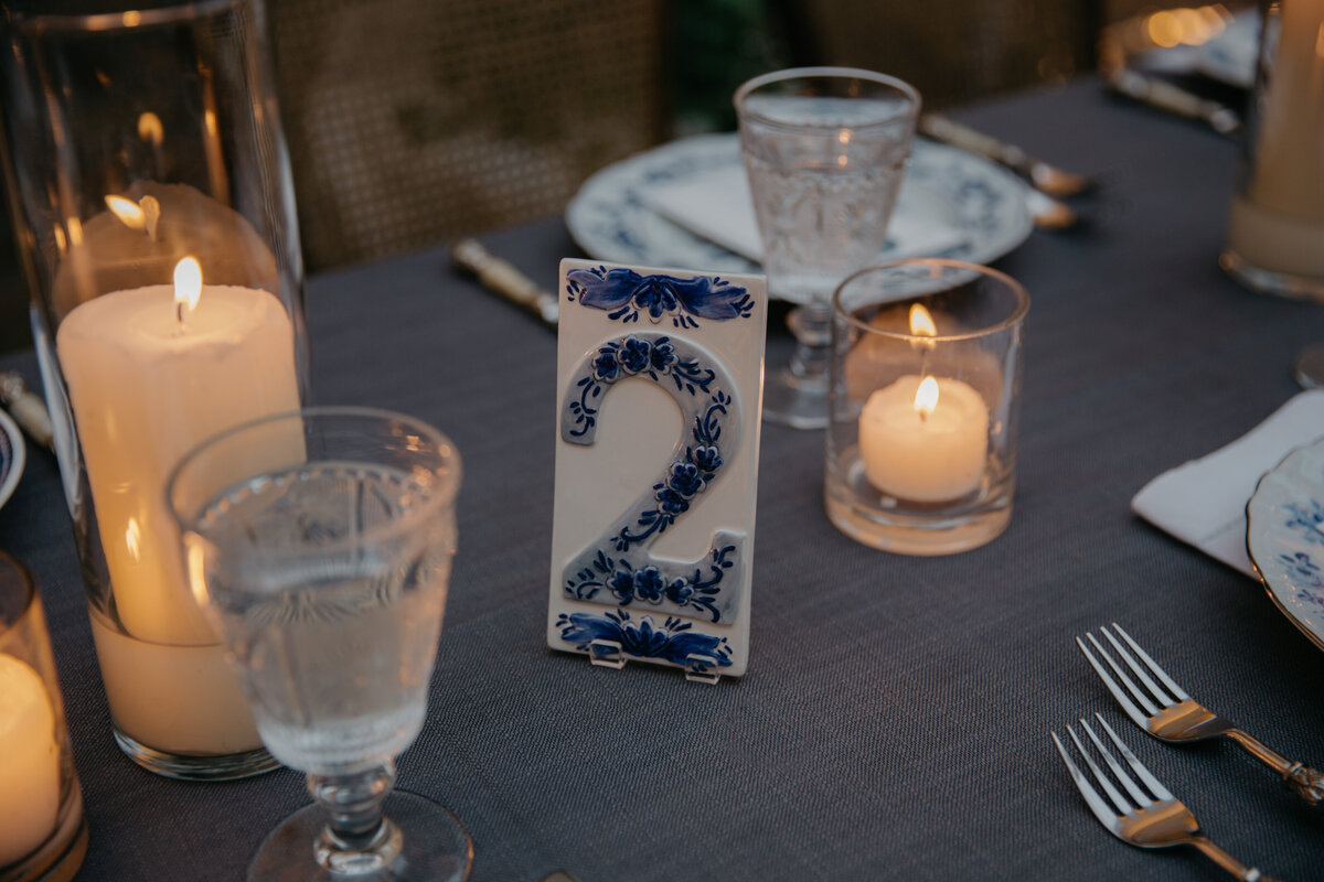 Detail image of table number surrounded by candles