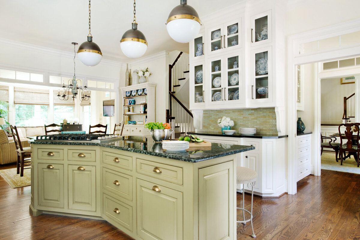 Panageries Residential Interior Design | Traditional Georgian Manse Kitchen Island with Overhead Lighting with Wood and Glass Cabinets