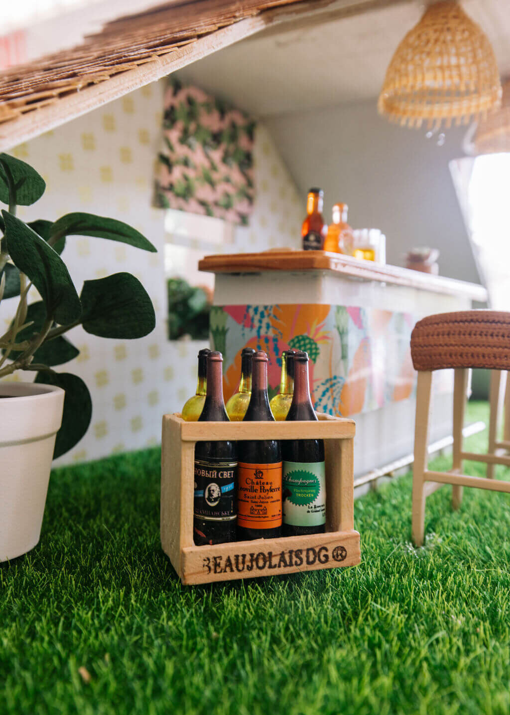 oyster creek studios petite palm beach dollhouse crate of wine on turf in bar area