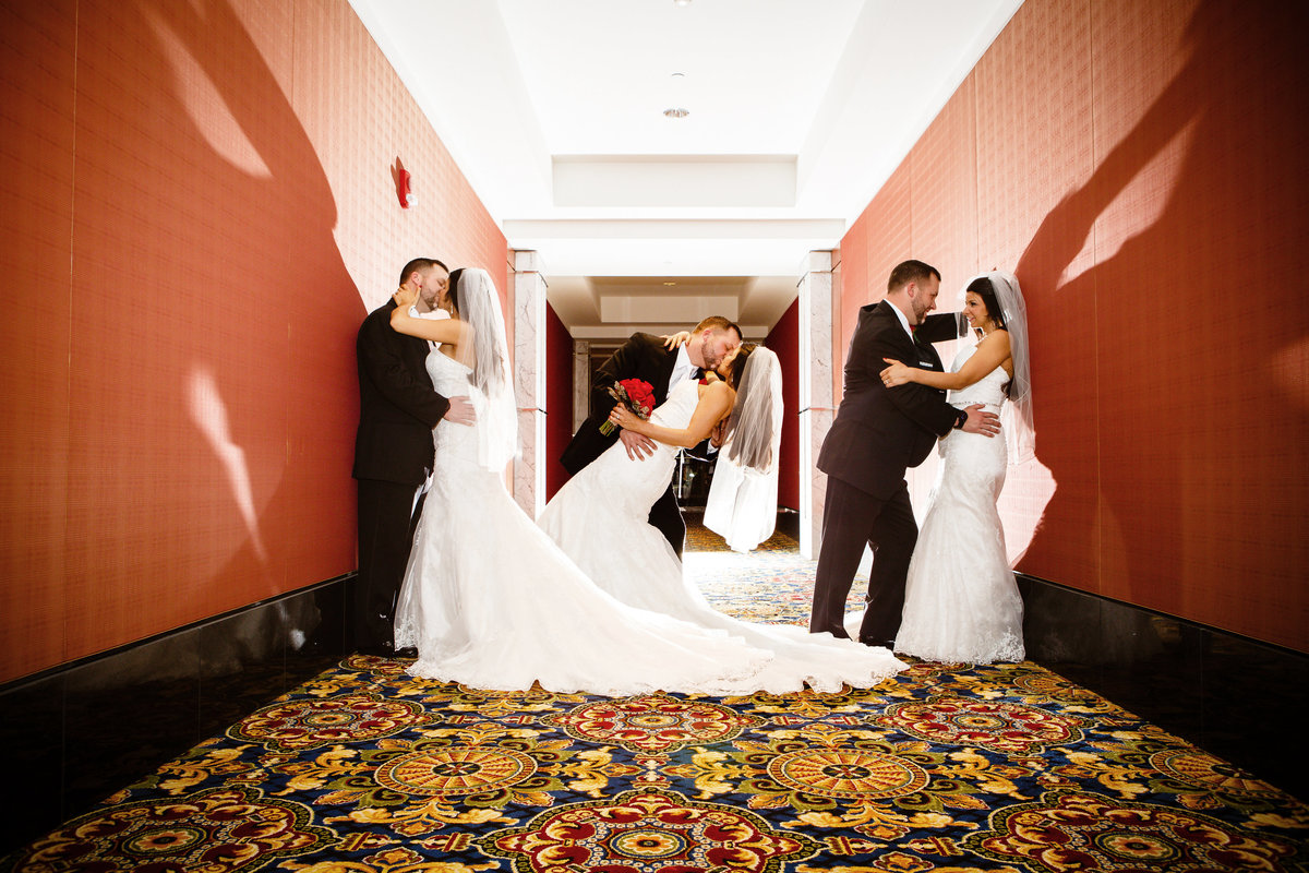 A composite photo of three shots of a bride and groom in a hallway at The Battle House Hotel in Mobile, Alabama.