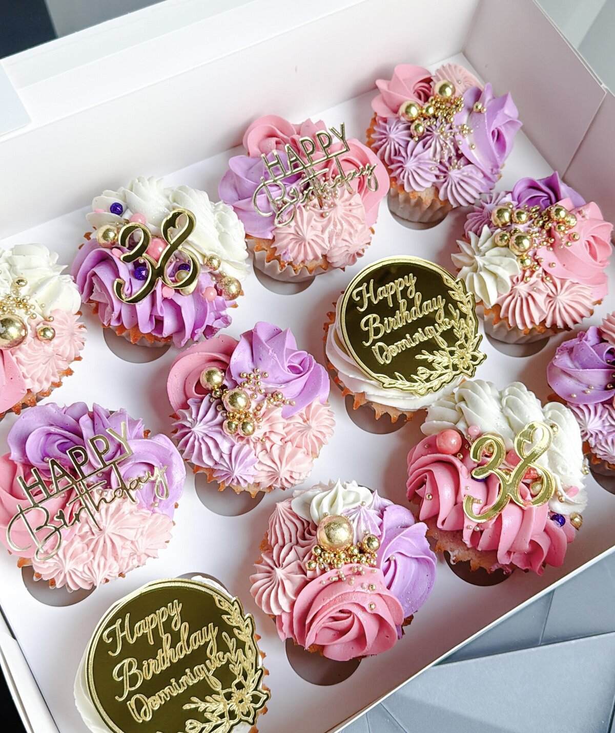 Pink Purple and Gold Luxe Birthday Cupcakes