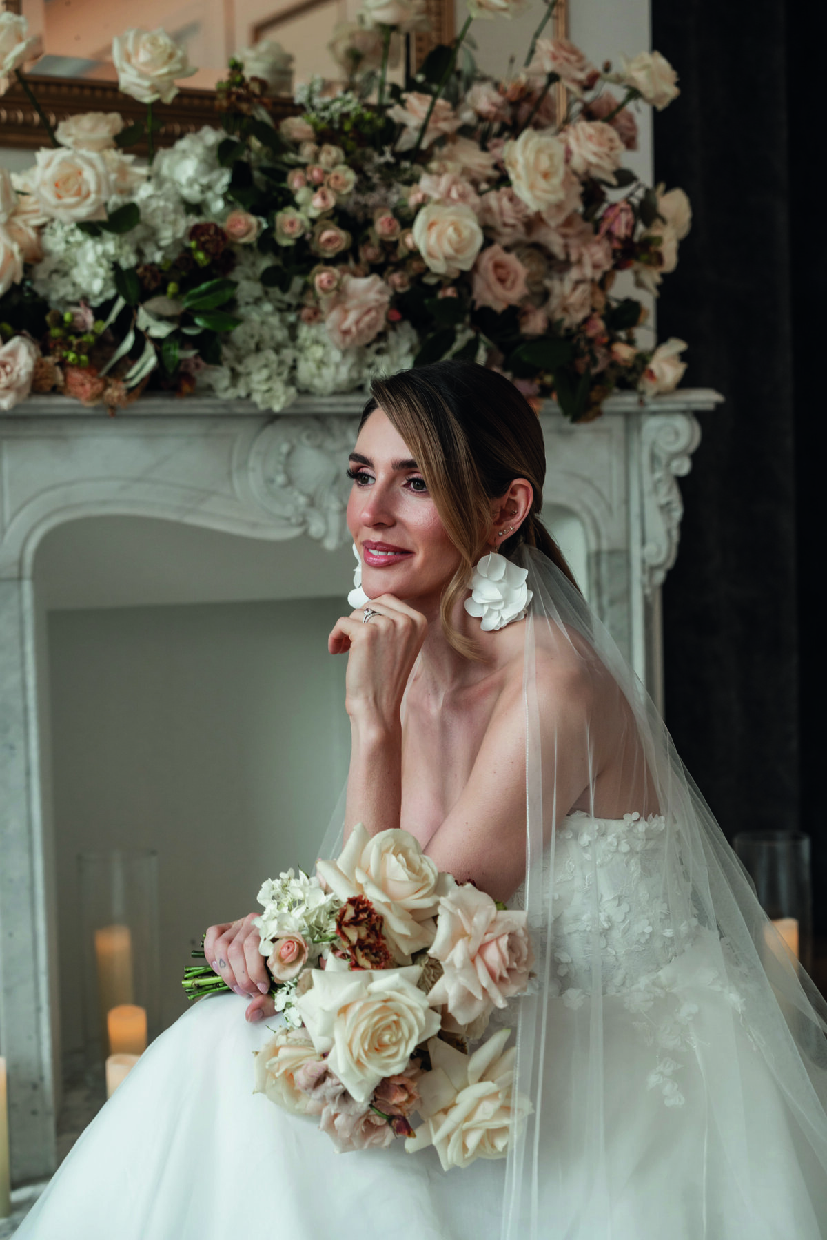 Showstopping mantle display and bridal bouquet