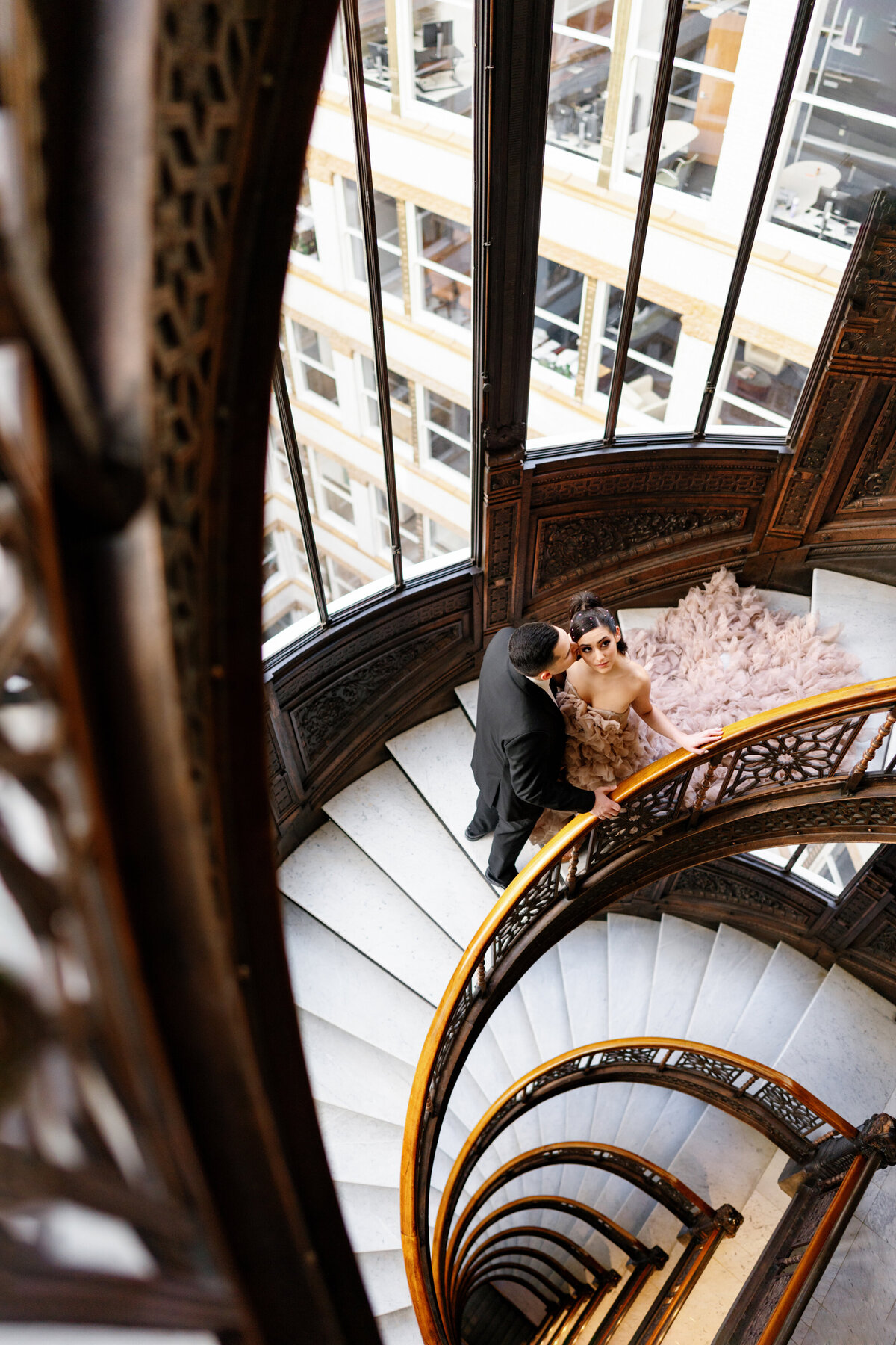 Aspen-Avenue-Chicago-Wedding-Photographer-Rookery-Engagement-Session-Histoircal-Stairs-Moody-Dramatic-Magazine-Unique-Gown-Stemming-From-Love-Emily-Rae-Bridal-Hair-FAV-15
