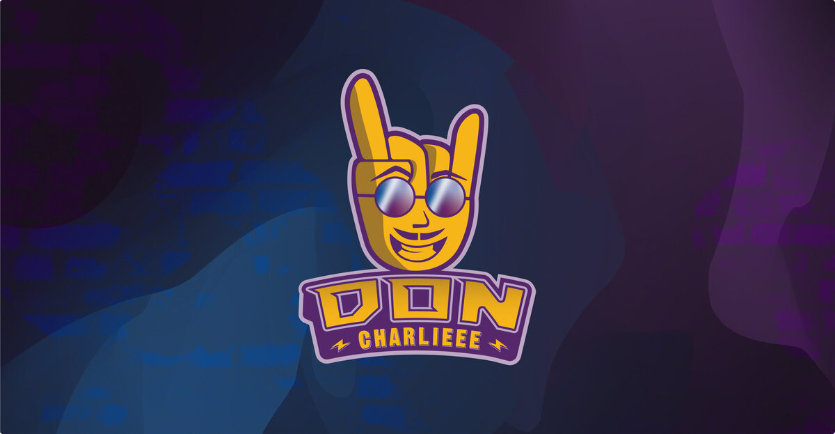 Don Charlieee primary logo showing a rocker hand symbol with a smiling face on it with reflective sunglasses. Background is a morphing of blue and purple colors on top of brick texture.