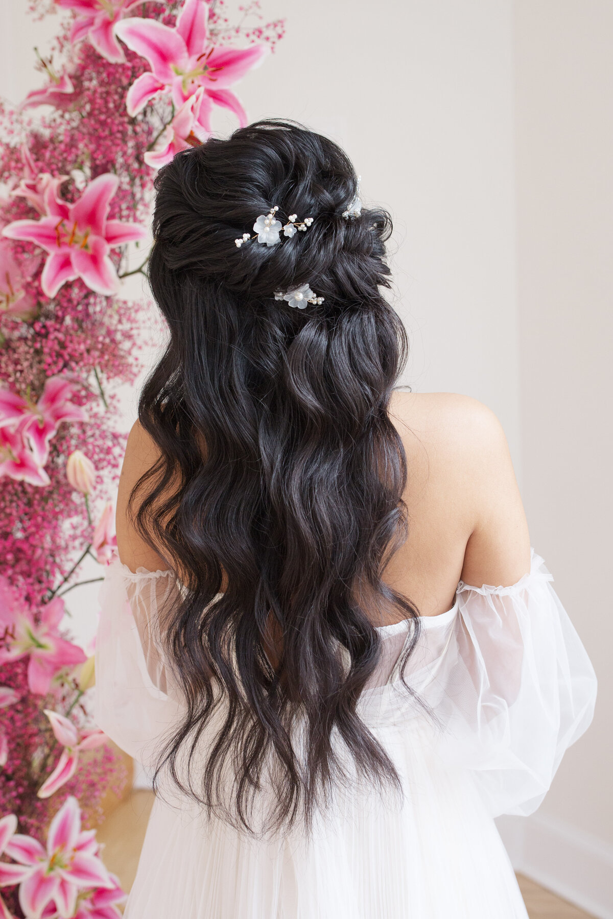 bridal hair with white clips