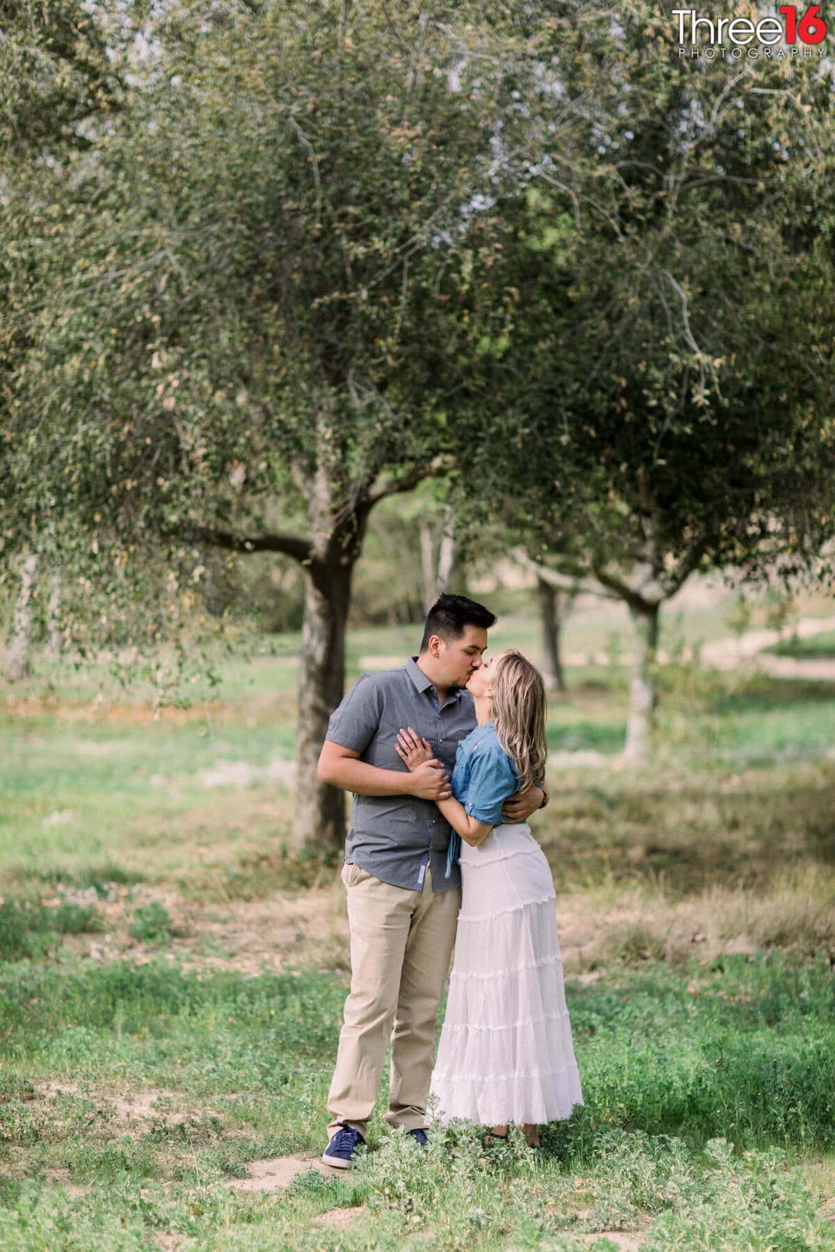 Engaged couple share a romantic kiss under a tree at the Talbert Regional Park