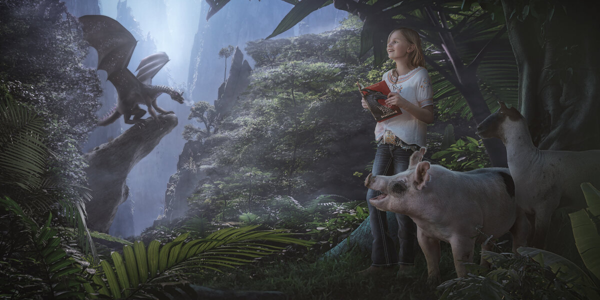 girl reading with dragon pig and sheep fantasy