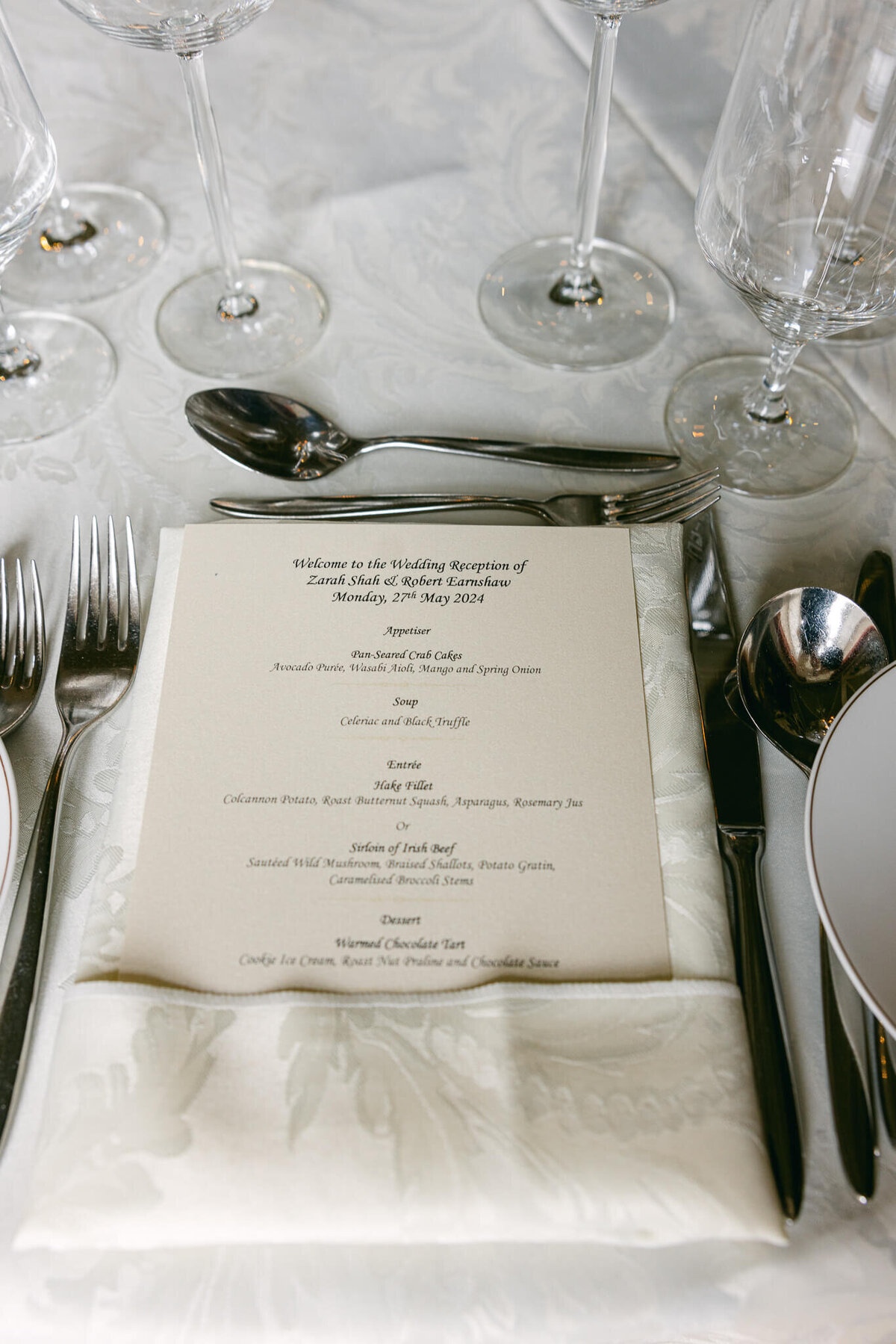 A wedding photo of the dinner menu at the wedding reception at Luttrellstown Castle