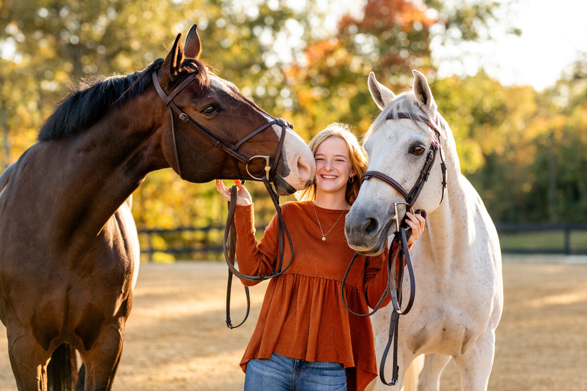 Birmingham, Alabama horse photographer takes photos of junior rider with her two mares.
