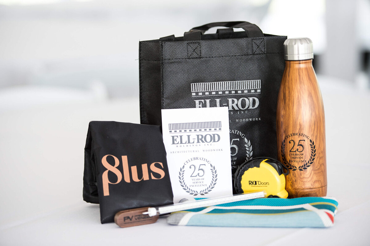 Ottawa event photography showing the contents of the swag bags for Ell-Rod anniversary celebration.  Captured by JEMMAN Photography COMMERCIAL