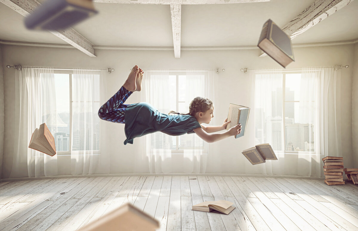 floating girl and books