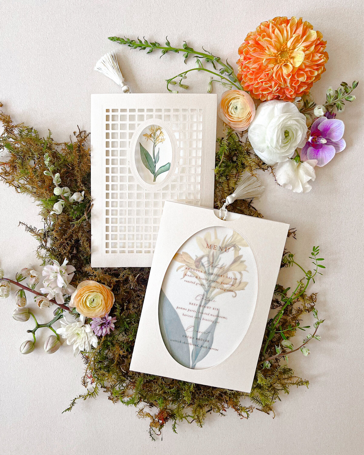 Lattice Laser Pocket Wedding Menu with Vellum Overly Digitally Printed Printed with Tassel