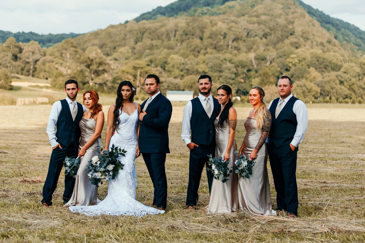 bride, groom, and wedding party in front of mountain