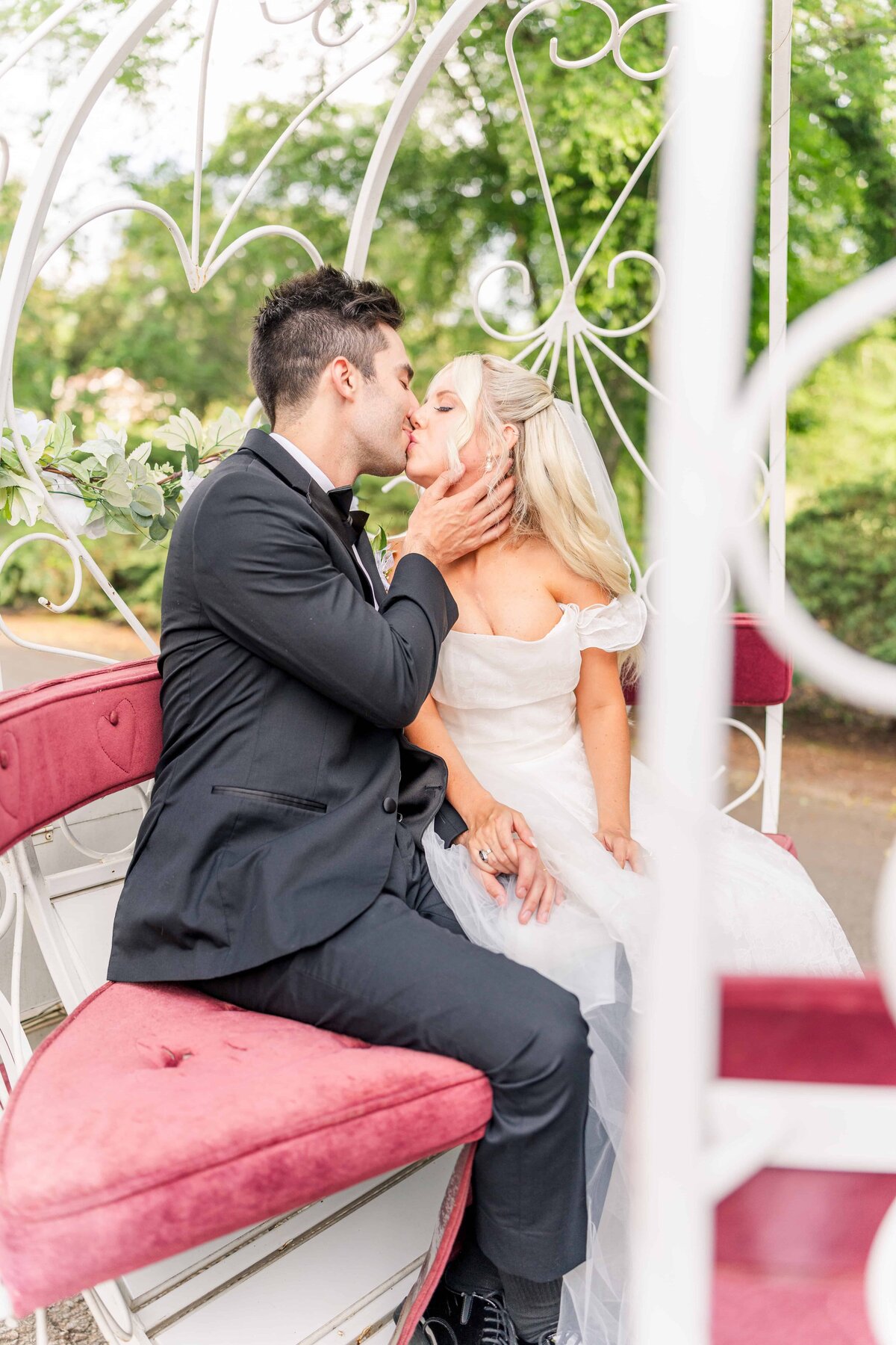 Bride and groom kiss in their Disney-like horse and carriage on their wedding day in natural light