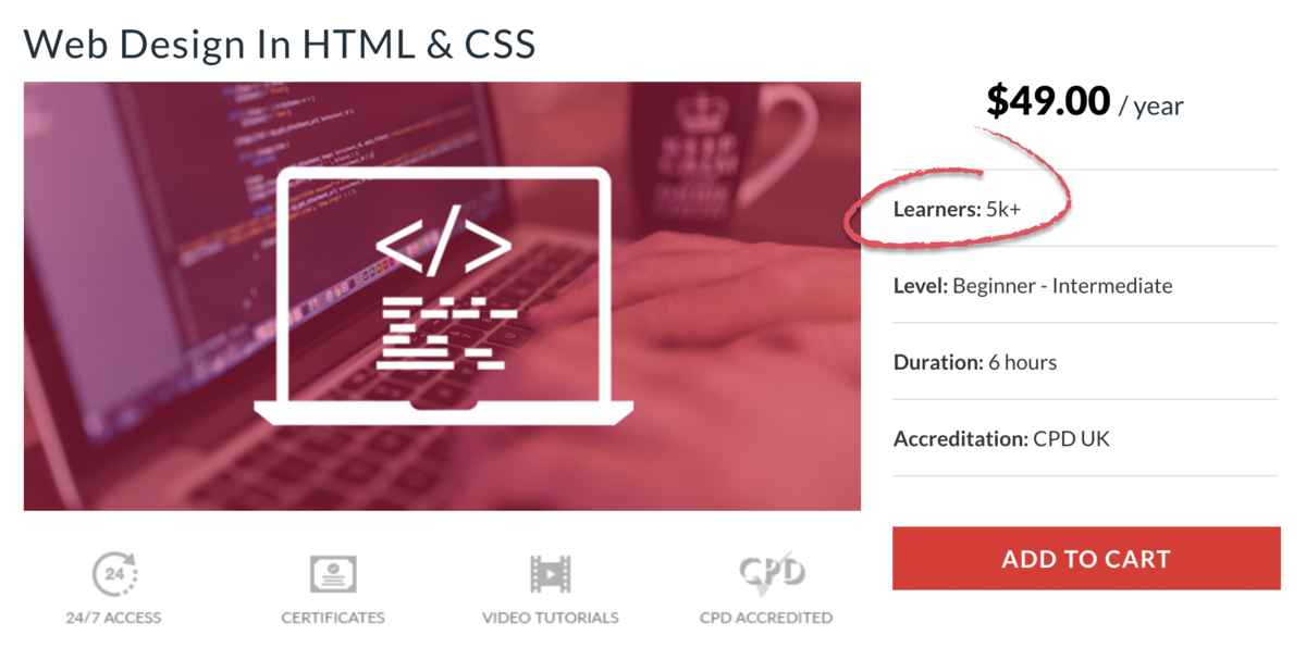A screenshot of the online course made by self-made web designer highlighting the fact that over 5,000 people have gone through the course.