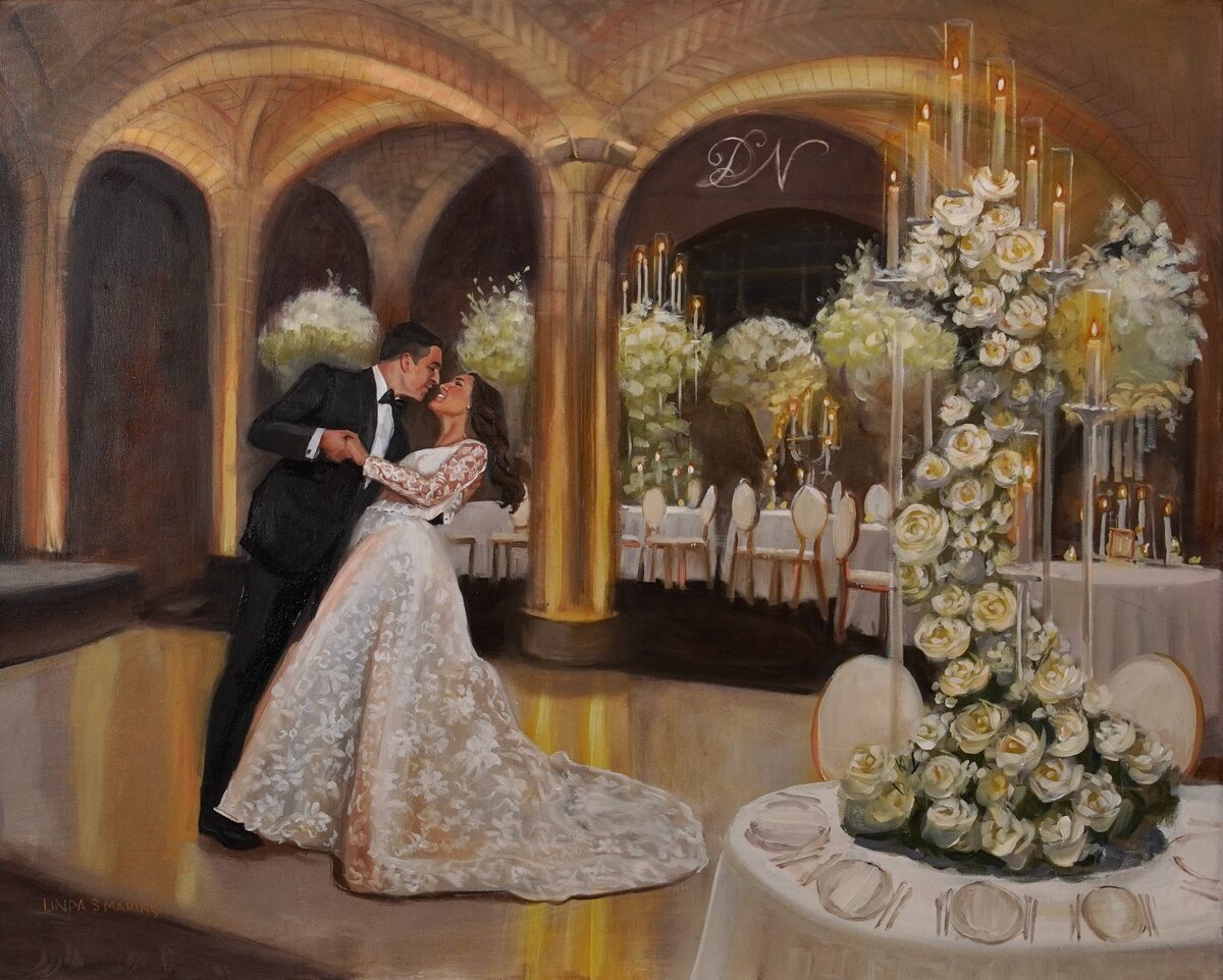 live wedding painting of bride and groom first dance in romantic setting