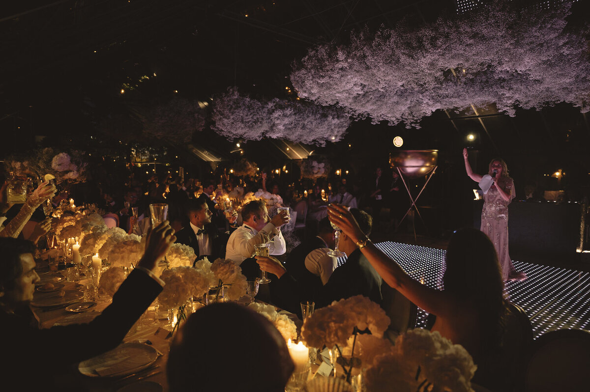 Quinta da Bellavista Destination Wedding reception dinner surrounded by a beautiful flower installation