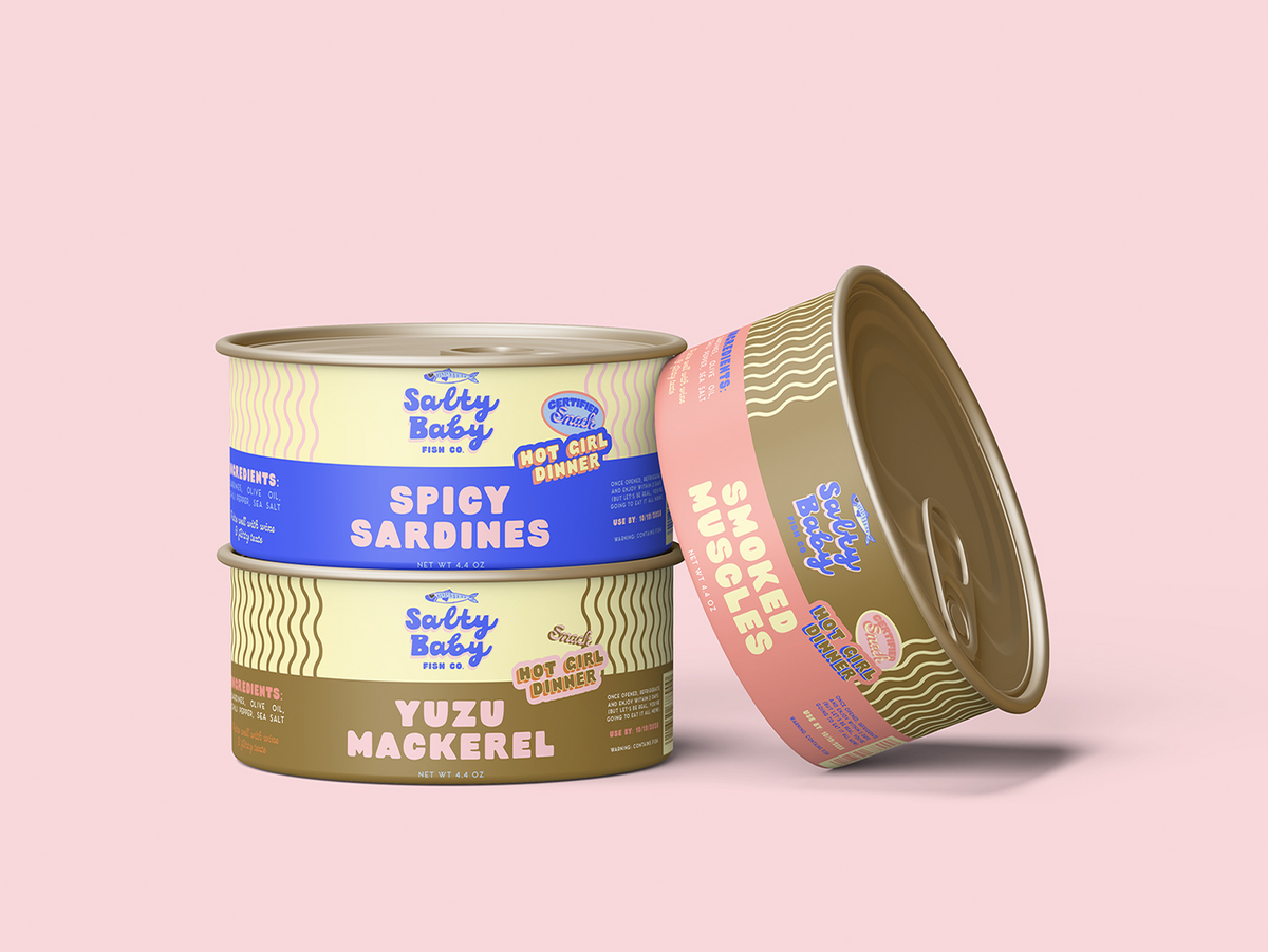 Salty Baby’s packaging, logo, and brand identity were developed to convey a bold, playful, girl boss energy for women-led CPG food brands. Strategic design ensures a cohesive, retail-ready experience that attracts and converts.

Wildspark crafted Salty Baby’s bold logo, packaging, and brand identity to help boutique tinned fish brands stand out in the market, attract adventurous consumers, and communicate a cohesive, playful, and feminine brand story.