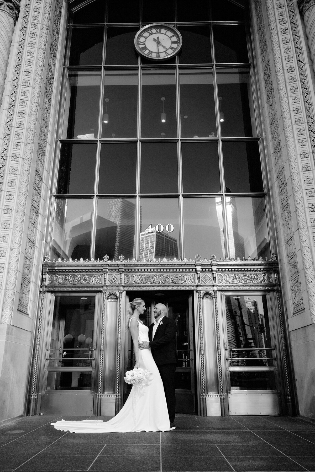 black and white picture of short king and tall queen  in Chicago