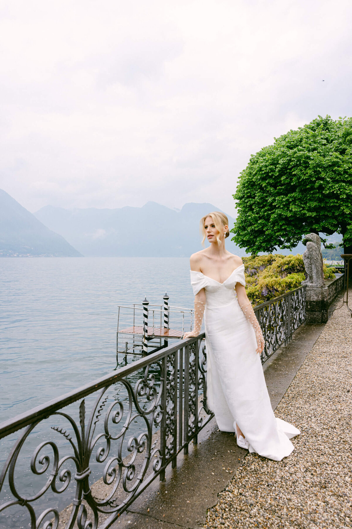 A wedding photo of a bride in her white wedding dress at Villa Balbiano on Lake Como in Italy