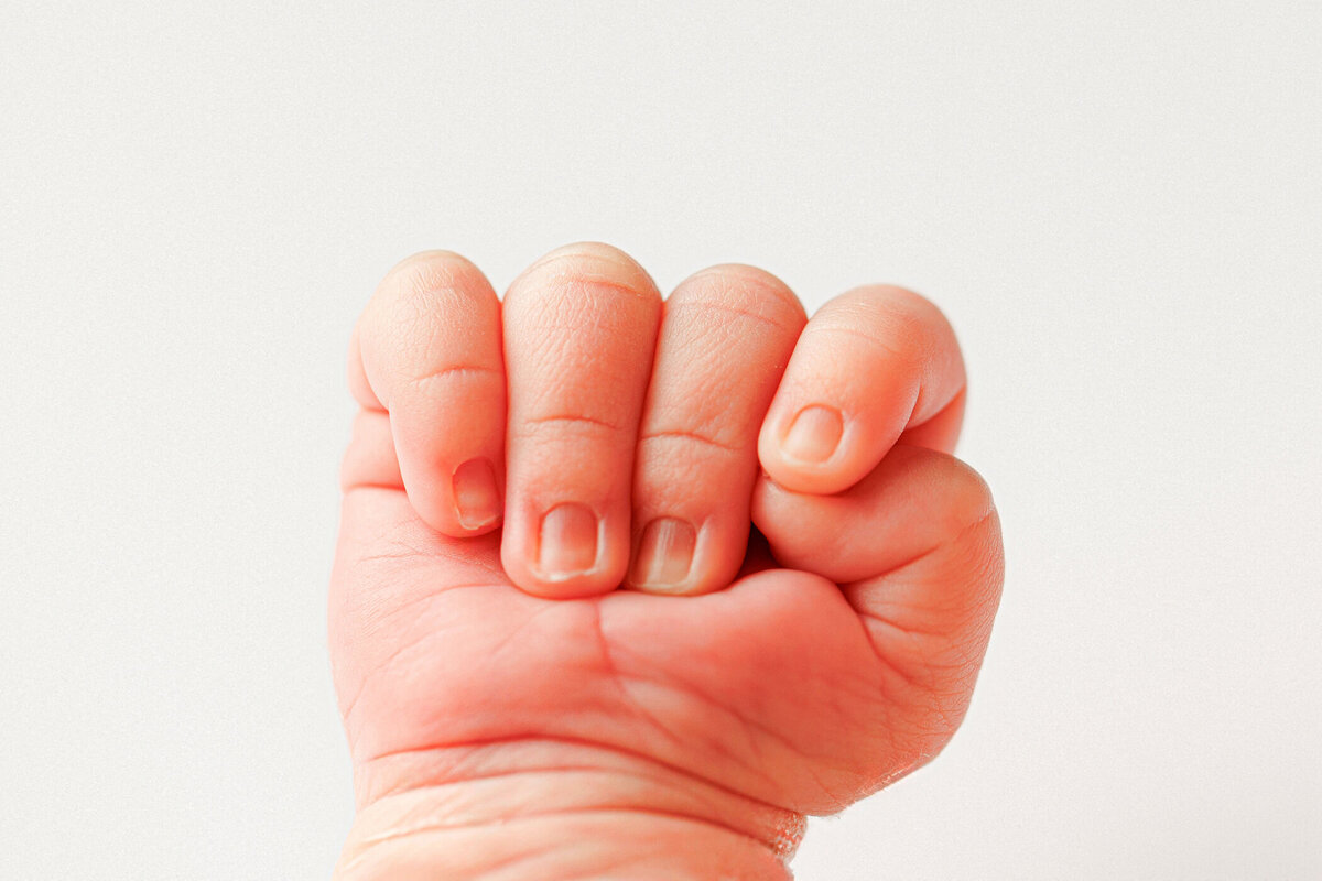 Detail images of a newborn baby's hand during a studio session in Fresno, CA with Angelia Jansen of One Good Shot Photography
