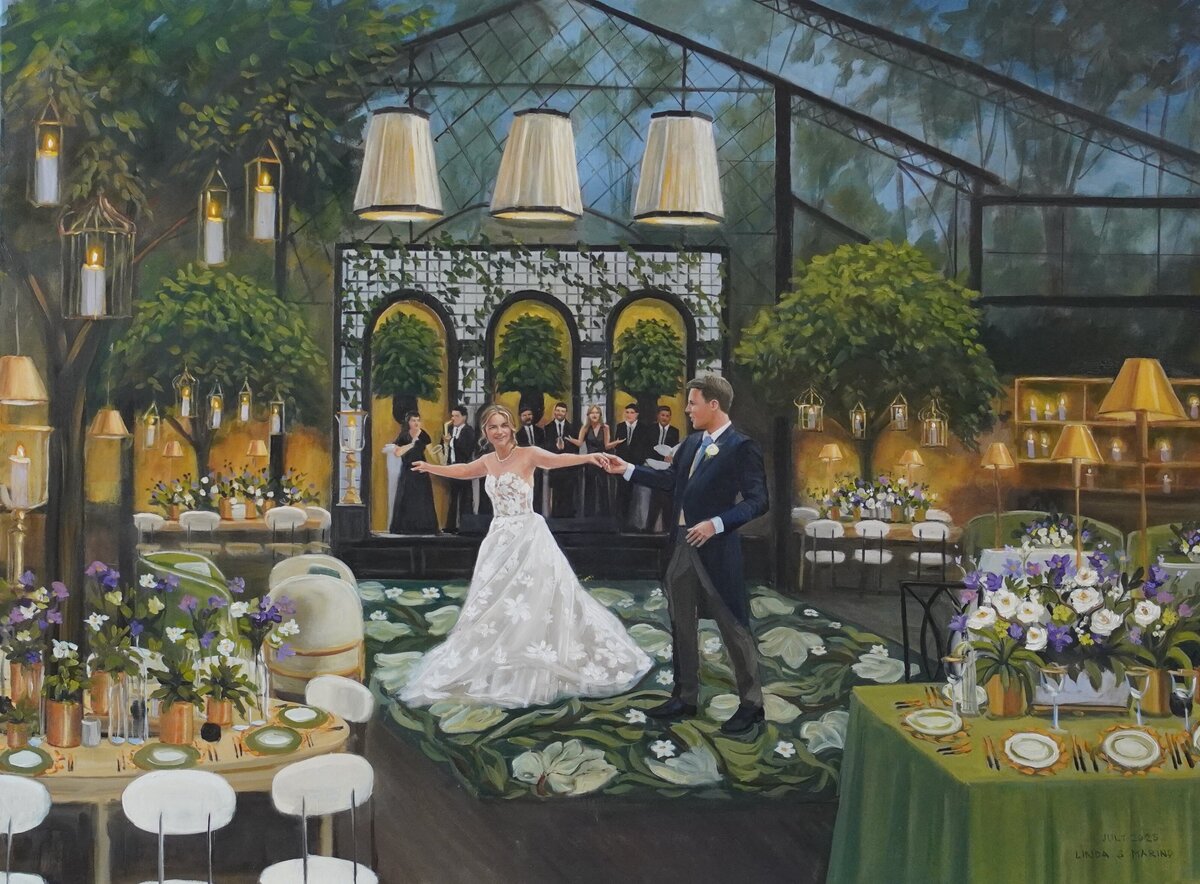 live wedding painting of bride and groom first dance in romantic setting