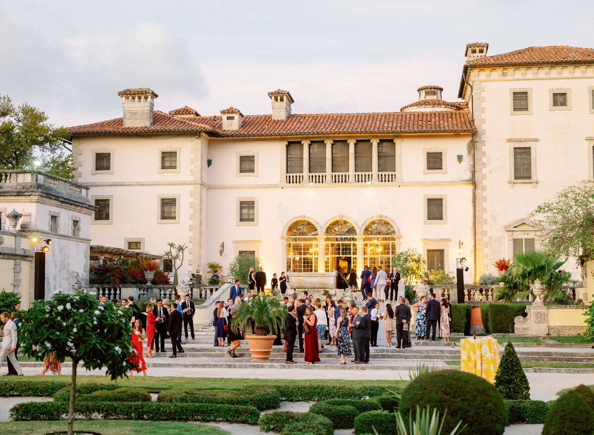 wedding cocktail hour on terrace at Vizcaya Museum and Gardens