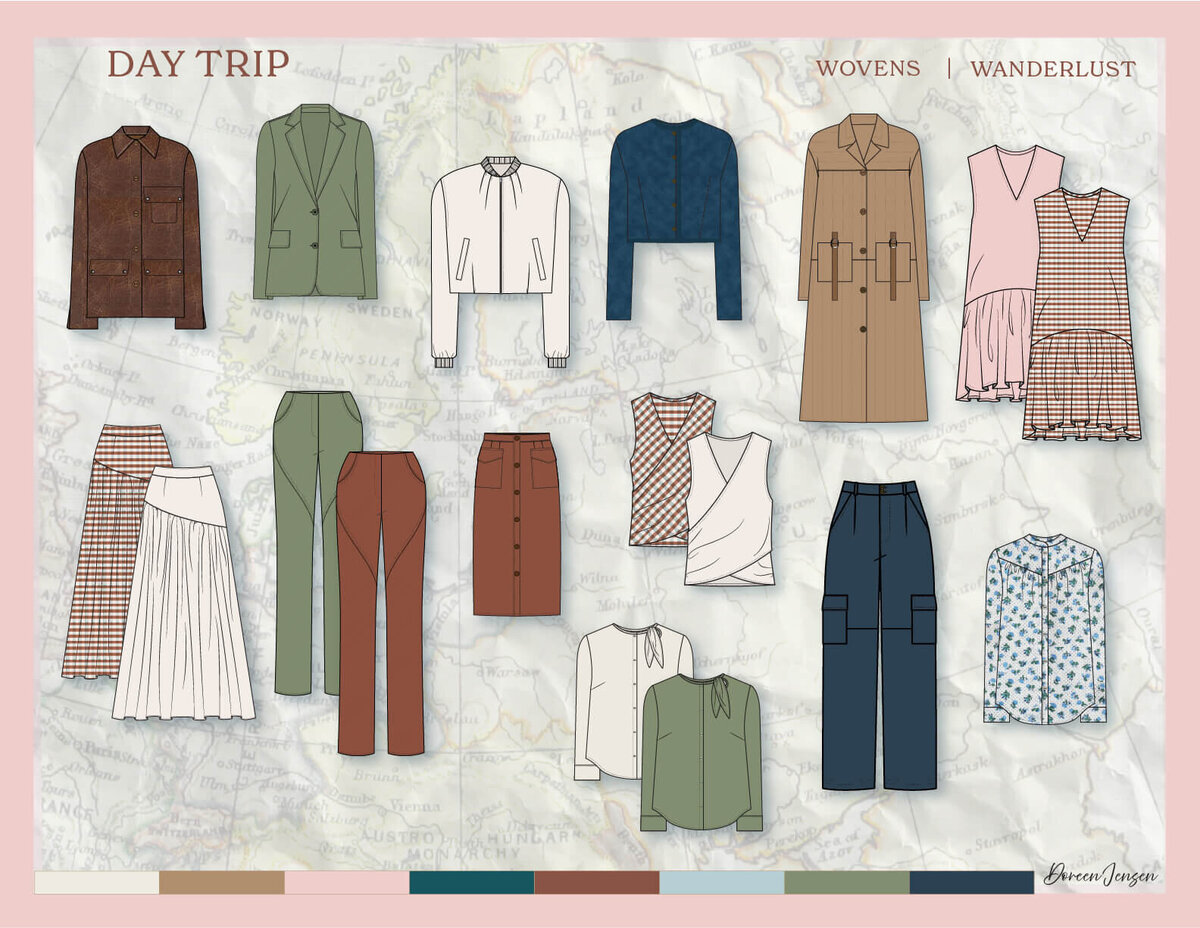 Overview board of the Day Trip women’s collection by Doreen Apparel, showing coordinated looks, color palette, and outfit combinations for fall-ready wanderlust dressing.