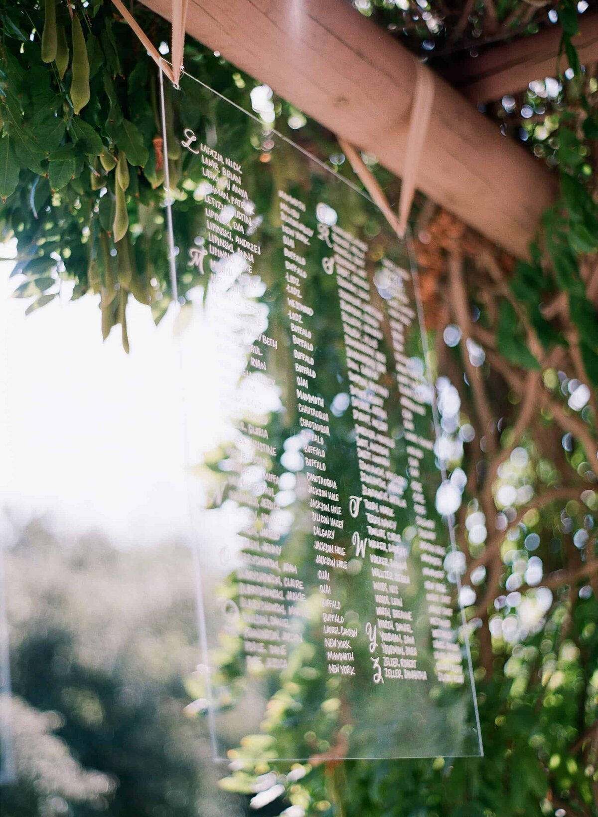 Guest list sign hanging from a beam
