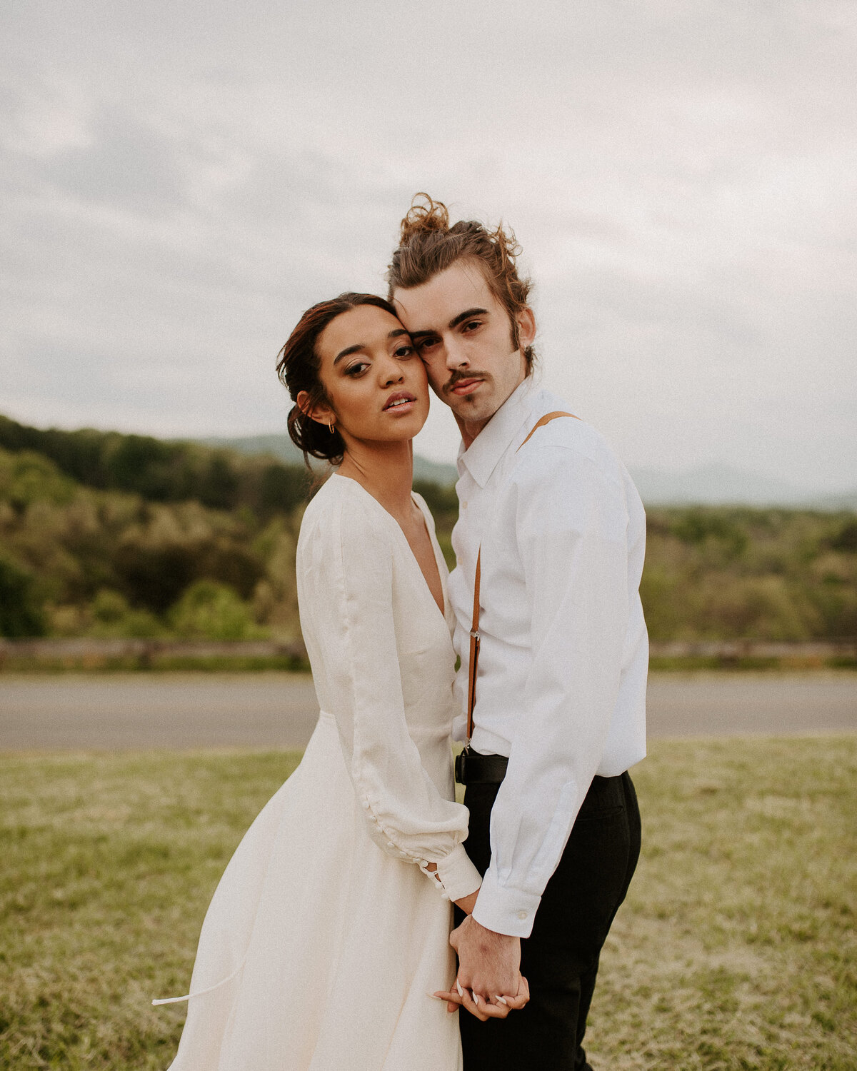 Intimate bride and groom portraits after a ceremony in the mountains of North Carolina. Bride and groom portrait inspiration during golden hour.
