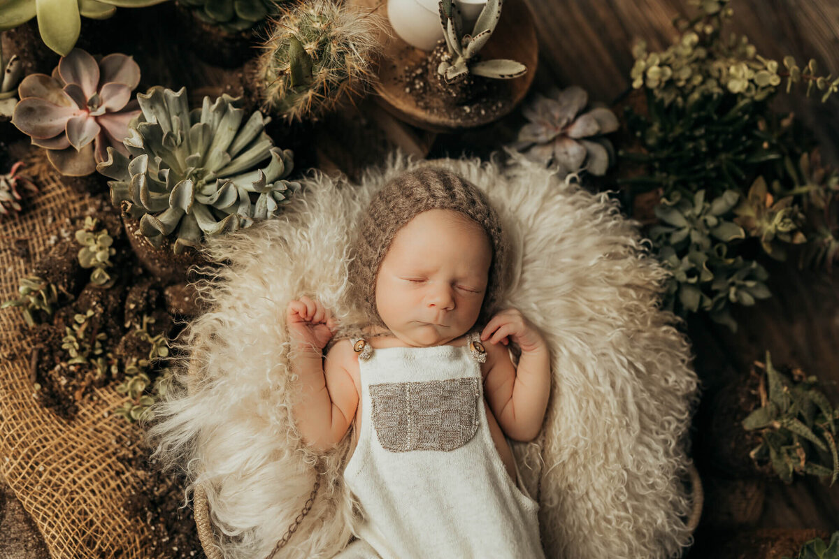 baby in white romper laying in basket in field with mom and dad supporting him.