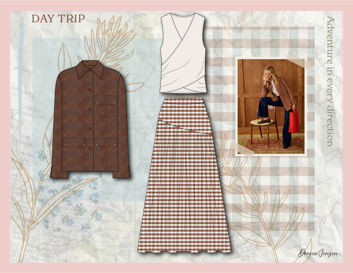 Flat sketch and styled outfit of a brown suede jacket, wrap top, and plaid yoke skirt designed by Doreen Apparel for the Day Trip collection.