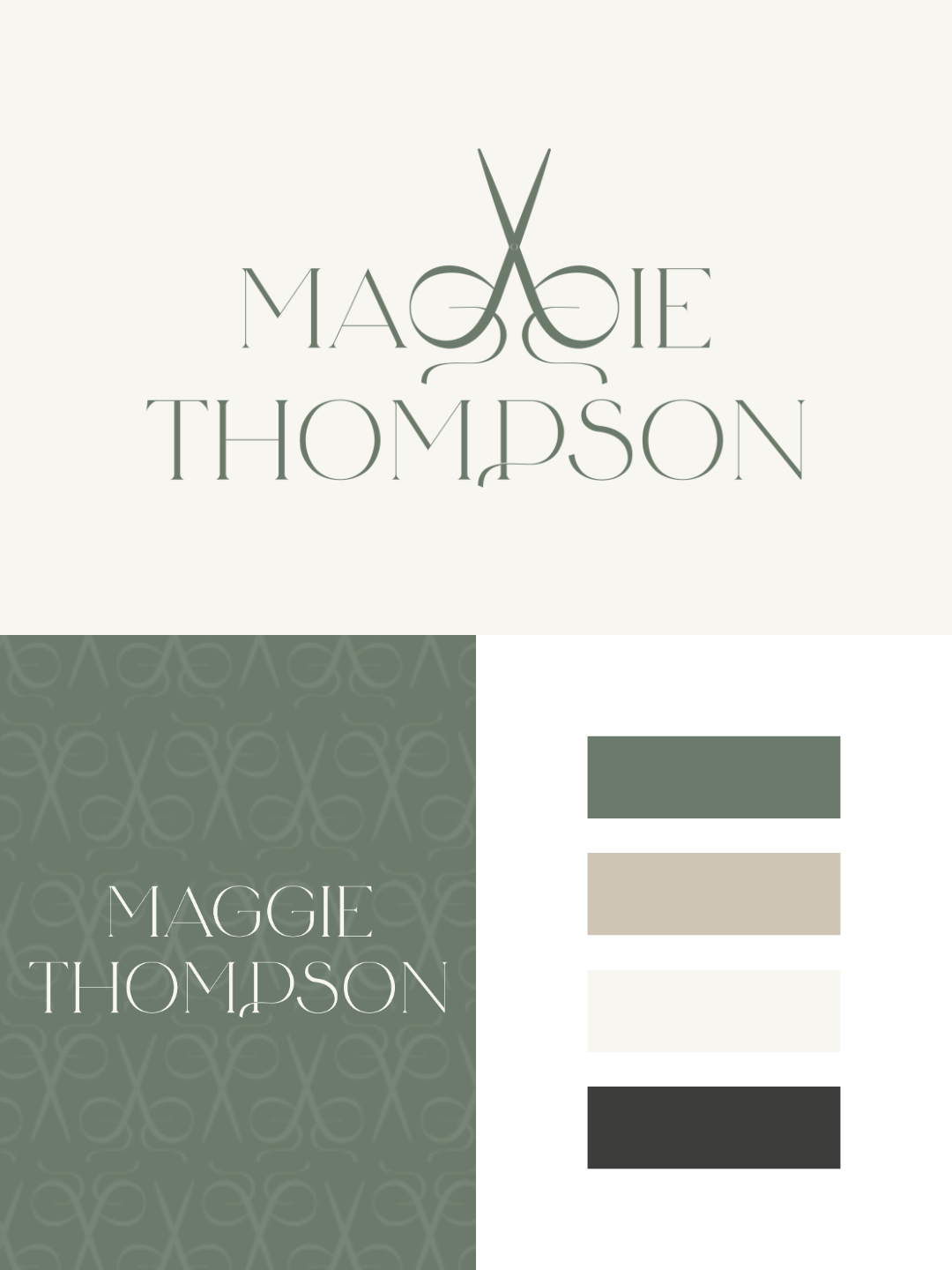 Complete stylist brand identity board with logo variations, business card pattern, and cohesive color palette.