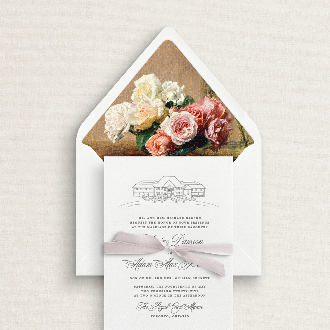 wedding invitations with venue illustration, fine art envelope liner and velvet ribbon